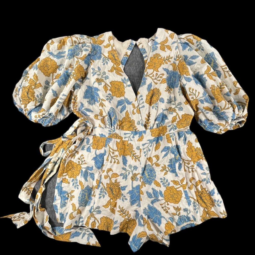 Amalie The Label Linen Blend Shorts Romper Floral 16 Playsuit Puff Sleeve NWOT